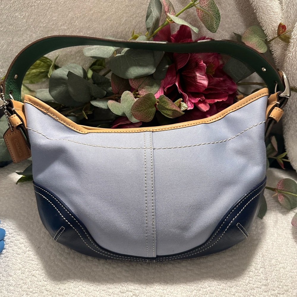 COACH Y2K Soho color block blue satin & leather shoulder  Bag#9508